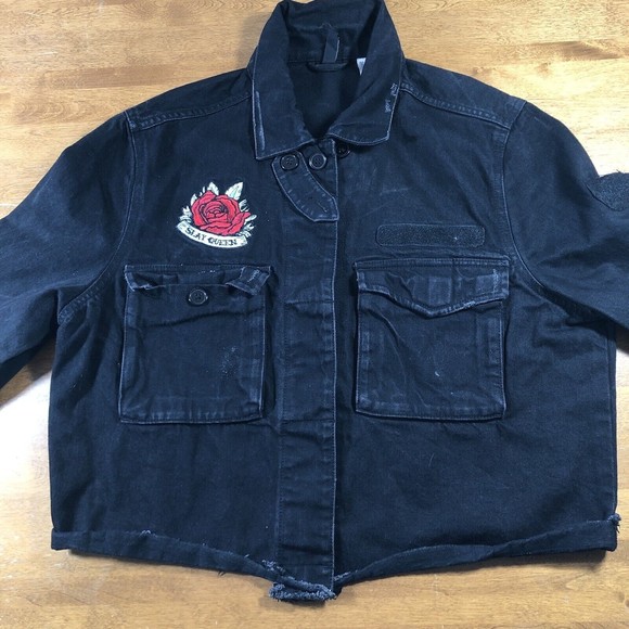 Divided by H&M Black Patch Jean Jacket Sexy Queen Womens Size 14 (22pit2pit,22L) - Picture 2 of 11